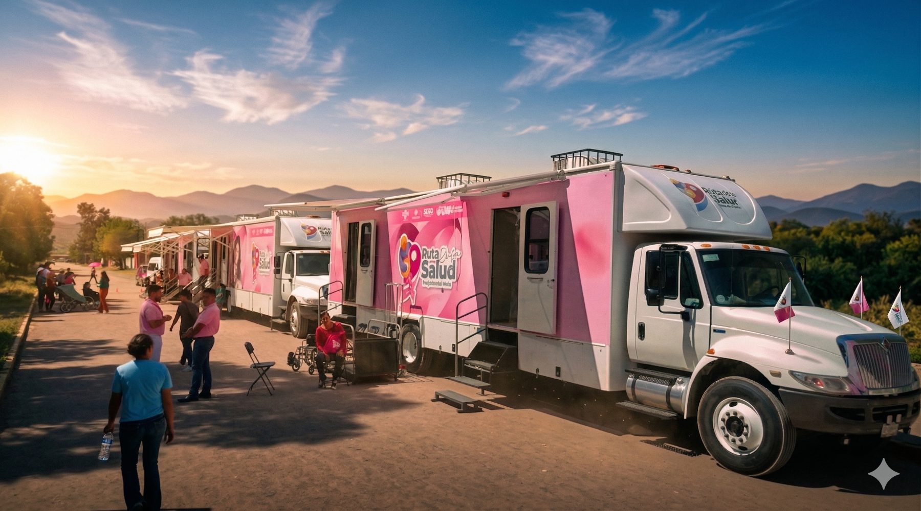 Convoy de unidades médicas móviles instalado en una localidad rural al atardecer, con personal y vecinos alrededor